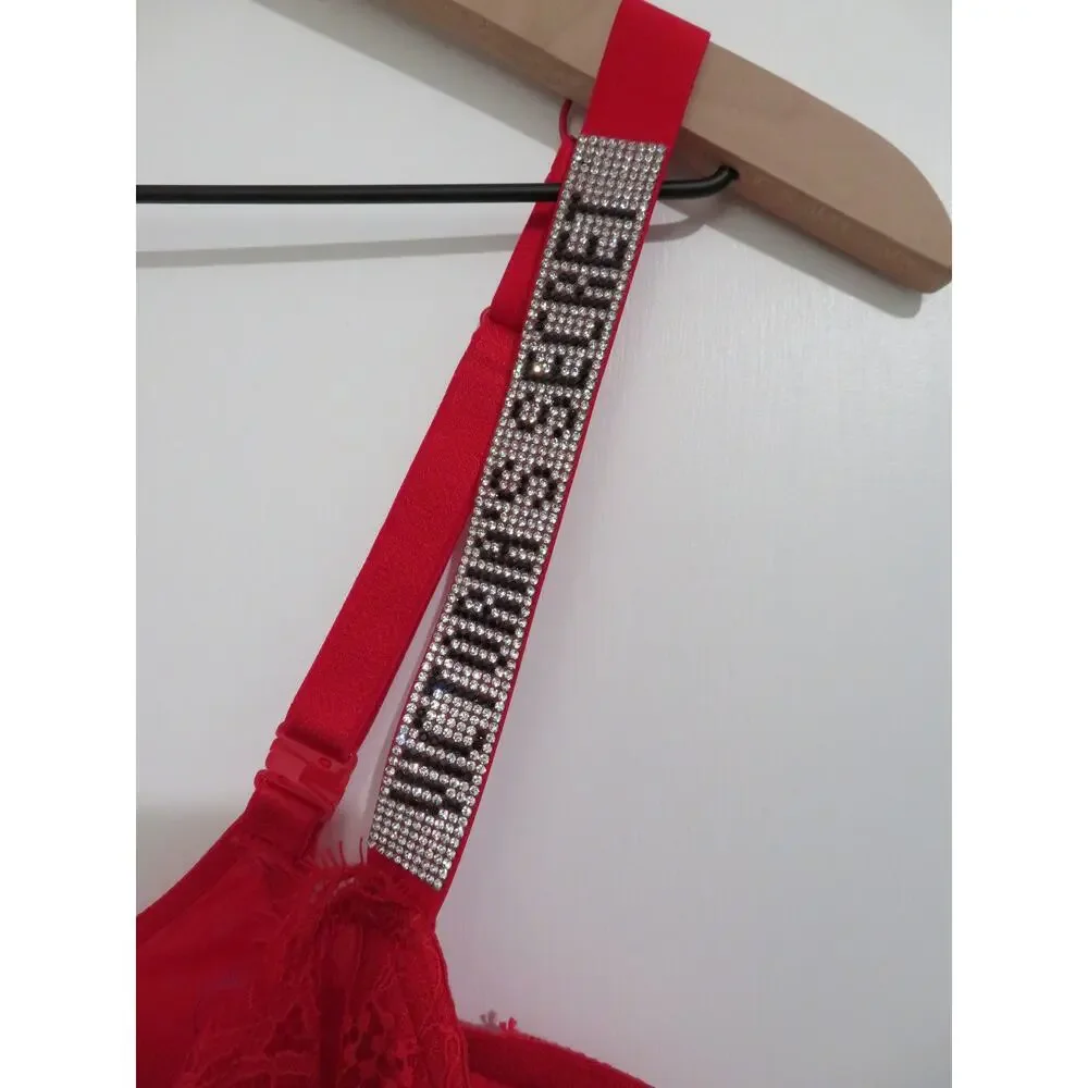 Victoria's Secret Women Sz 36DDD Red Very Sexy Push Up Bra Rhinestone Straps